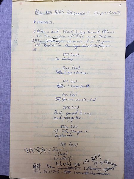 Page 1 of the handwritten first draft of the script