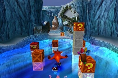 In Cortex Strikes Back, a mask named Aku Aku (pictured) serves to protect Crash from damage at least once and floats in his general vicinity.