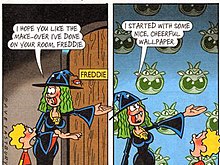 Two panels from a Freddie Fear strip showing Freddie with his mother, Mrs. Fear Mrs Fear and her son Freddie from Freddie Fear in The Beano.jpg