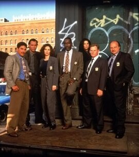 Main police cast of season three of NYPD Blue, l-r Turturro, Smits, Delaney, McDaniel, Miceli, Clapp, Franz