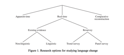 Diagram showing different research options in sociolinguistics, including real-time studies (Tillery and Bailey 2003), which encompass several subcategories. Research options for studying language change (Tillery, Bailey 2003).png