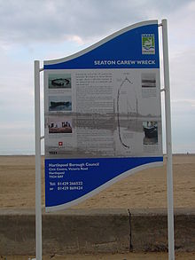 Noticeboard interpreting the protected wreck at Seaton Carew Seaton carew interpretation board.JPG