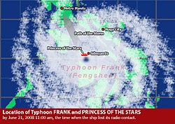 The location of the storm and Princess of the Stars when the ship lost radio contact at 11 am June 21, 2008 Ship's rendezvous with Princess of the Stars.jpg