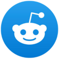 A blue circular logo with a white Reddit "Snoo" mascot in the middle