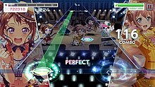 Gameplay in Multi Live mode. The top left bar contains the cumulative score of the multiplayer team, while skill activation is denoted with cut-ins of the respective character. BanG Dream Girls Band Party gameplay.jpg