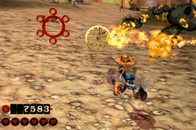 Players use Kinect to control the protagonist. One hand is held as though controlling a marionette while the other is used for aiming and firing the character's weapon. Gunstringer cropped.png