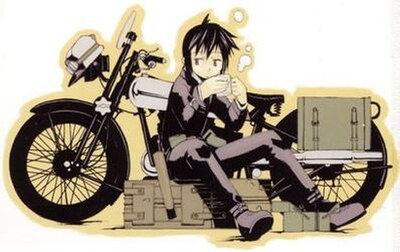 Kino sitting in front of Hermes, her talking motorcycle