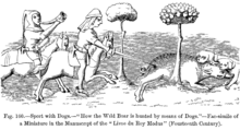 Sport with Dogs.-"How the Wild Boar is hunted by means of Dogs." Facsimile of a miniature in the manuscript of the Livre du Roy Modus (14th century). Depicts mounted hunters and catch dogs. Sport with Dogs How the Wild Boar is hunted by means of Dogs Fac simile of a Miniature in the Manuscript of the Livre du Roy Modus Fourteenth Century.png