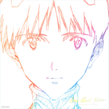 Berwarna-warni karakter sketsa Shinji Ikari pada latar belakang putih