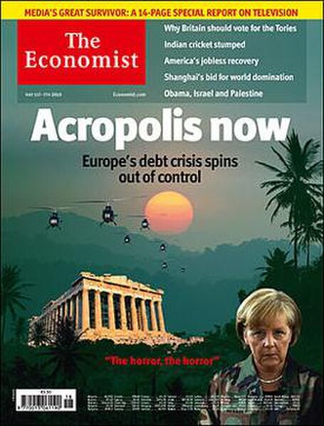 May 1, 2010, cover of the Economist newspaper, illustrating the 2010 European sovereign debt crisis with imagery from the movie, attests to the film's