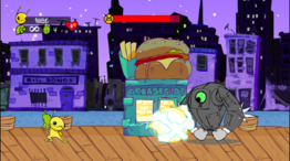 Here is a gameplay screenshot of the HD version demonstrating the second boss fight of Urban level showing Alien Hominid fight Cyclops. Alien Hominid Gameplay Screenshot.png