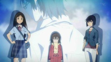 The four main characters of Erased (from left to right): Satoru Fujinuma (29 years old, background), Airi Katagiri, Kayo Hinazuki and Sachiko Fujinuma