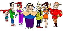 The series' main characters. From left to right: Gina, Petey, Cookie, Jimmy, Cheech, Theresa, Strait McCool.