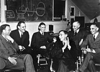 E. O. Lawrence, A. H. Compton, V. Bush, J. B. Conant, K. Compton, and A. Loomis in March 1940 at UC Berkeley