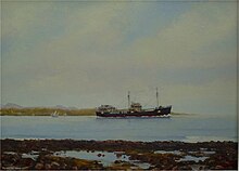 Menapia leaving Sao Tome November 1943 with a cargo of palm oil, an 8,000 mile voyage for a 900 GRT ship. - Oil by Kenneth King - Straid Studio Glencolmcille Menapia.jpg