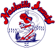 A red, white, and blue cartoon baseball player swings at a baseball with a guitar in place of a bat set against a baseball with "Nashville Sounds" written above in red letters with blue border