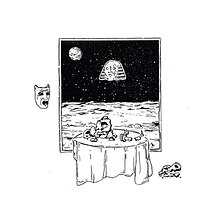 A black-and-white line drawing of drama masks broken on the moon around a candelit dinner with a sphinx in the background between the moon and Earth