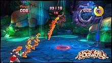 HoopWorld employs an exaggerated, over-the-top style, demonstrated by vibrant colors and the player dunking from extreme heights. AMPR screenshot Mushroom 12.jpg