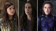 Cassie Lang as she appeared on the MCU films: Abby Ryder Fortson (left) as a child on Ant-Man and Ant-Man and the Wasp, Emma Fuhrmann (middle) as a teenager on Avengers: Endgame and Kathryn Newton (right) as a young adult on Ant-Man and the Wasp: Quantumania. Cassie Lang actresses on MCU.jpg