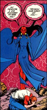 Evil Raven makes her appearance in the "Terror of Trigon" storyline, which began The New Teen Titans (vol. 2). Art by George Pérez.