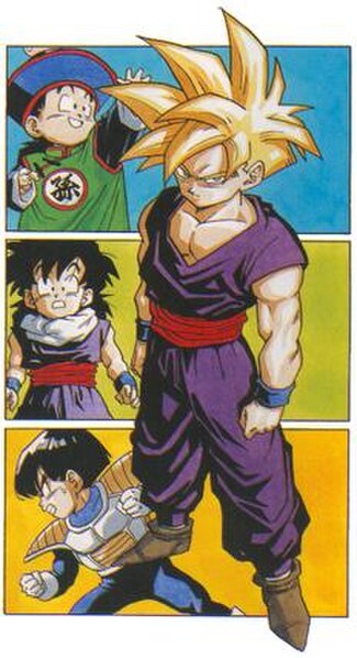 Cover for manga chapter #404, showing four different appearances of Gohan during his childhood years.