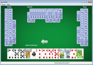 Сердечки в Windows 7 перед розыгрышем руки. Игрок с Юга должен выбрать три карты, передать их Западу и получить три с Востока. Игра начнется с игрока, у которого 2 лидирующих клуба.