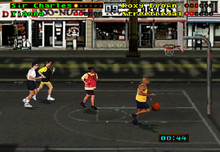 Gameplay screenshot from the unreleased Atari Jaguar version of Barkley Shut Up and Jam!, showcasing a match in Chicago. JAG Barkley Shut Up and Jam!.png