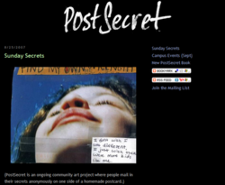 Screenshot of PostSecret with an example postcard. Postsecret screenshot.png
