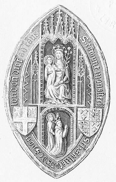Engraving of original seal of the Abbess and Convent of Syon, Isleworth. Seated above is the Virgin Mary, holding the infant Jesus in her right arm. I