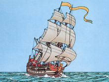 Drawing of a wooden ship with a unicorn figurehead sailing in the sea