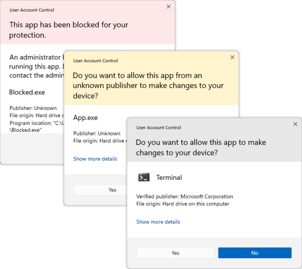 User Account Control "Windows Security" alerts in Windows 10 in light mode. From top to bottom: blocked app, app with unknown publisher, app with a known/trusted publisher.