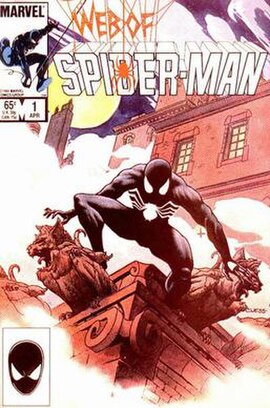 Cover to Web of Spider-Man #1 (April 1985), featuring Spider-Man in his "black" costume. Art by Charles Vess.