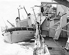 Yarmouth colliding with the Icelandic gunboat Thor, which is attempting to reach trawlers off-picture to starboard during the Third Cod War Yarmouth and Thor collide.jpg