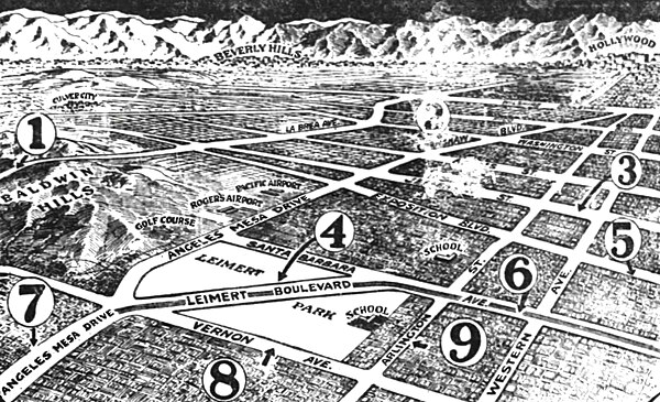 1927 Los Angeles Times map shows (1) the proposed extension of a 100-foot-wide La Brea Avenue between Jefferson Street through the Baldwin Hills toward Inglewood.