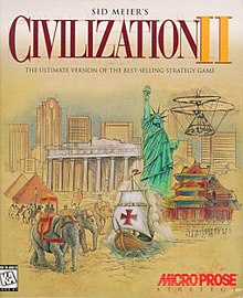 Бокс-арт Civilization II.  Текст заголовка гласит: «Цивилизация Сида Мейера II. Окончательная версия самой продаваемой стратегической игры».