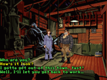 Ben, the protagonist, converses with Maureen upon their first encounter. Dialogue options are presented near the bottom of the screen. Full Throttle screenshot.PNG