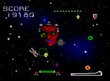 Gameplay screenshot, showcasing a fully powered-up paddle fighting against the first boss. JAG Mad Bodies.png