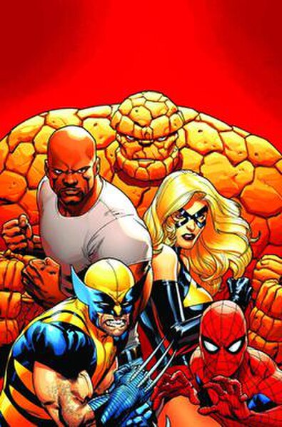 Promotional art for The New Avengers vol. 2, #1 by Stuart Immonen depicting Spider-Man, Wolverine, Carol Danvers, Luke Cage, and Thing.