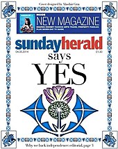 Gray's characteristic typography and illustrative design, exemplified in the front cover for the Sunday Herald, 4 May 2014, supporting a Yes vote in that year's independence referendum