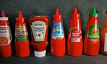 Various brands of Australian tomato sauce, along with Heinz ketchup Australiantomatosauce.jpg