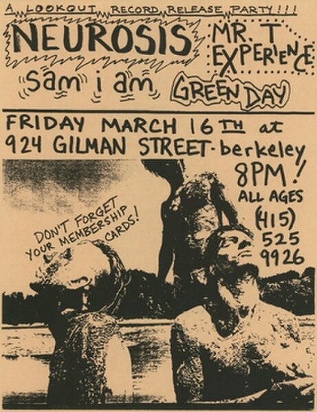 Concert poster, dated March 16, 1990, at 924 Gilman Street for Lookout!-signed punk bands, including Green Day, Neurosis, Samiam, and the Mr. T Experi