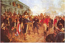 Gemalde, das die Kapitulation wahrend der britischen Invasionen des Rio de la Plata zeigt.