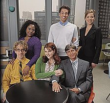 The initial cast of Less than Perfect
back row (l-r) Ramona, Kipp and Lydia
front row (l-r) Owen, Claude and Will. Less than perfect cast.jpg