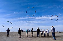 Fourteen quad-line kites hovering in formation. QuadLineKitesInFormation.jpg#file