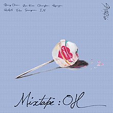 A painting of a transparent and pink lollipop with the pale blue background with the handwriting members' name on the left-top corner, the rotate 90 degrees Stray Kids logo on the right-top corner, and the handwriting song's title "Mixtape : OH" on the bottom of the artwork