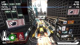 A screenshot of gameplay. The player's ship is airborne in the centre of the screen, and its surroundings display a futuristic adaption of New York City. The game's interface displays the lap and time, current position, number of experience points, and the speedometer.