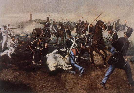 José de San Martín, trapped under his dead horse during the battle of San Lorenzo, is saved by Juan Bautista Cabral.