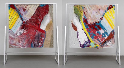 Candida Alvarez, Here to There, from "Air Paintings" (2017-19); left image: front, right image: back; latex ink, acrylic, enamel, and glitter on PVC mesh with aluminum and wood; 81" x 71" x 26"; 2018. Candida Alvarez Here To There 2018.jpg