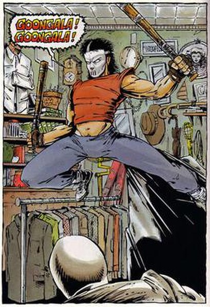 Casey Jones, as he appeared in Teenage Mutant Ninja Turtles #10 (April 1989 Mirage Studios). Art by Kevin Eastman and Peter Laird.