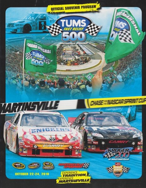 The 2010 TUMS Fast Relief 500 program cover, featuring Kyle Busch and Denny Hamlin.
